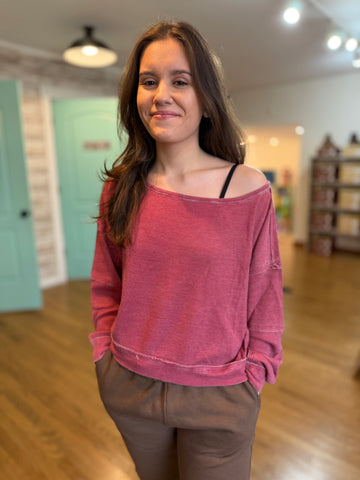 Garnet Red Raw Edge Waffle Knit Pullover