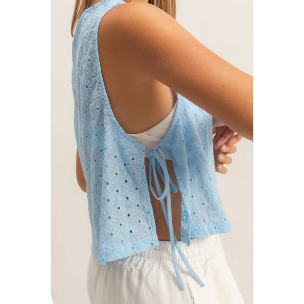 Baby Blue Sleeveless Textured Eyelet Top With Side Straps