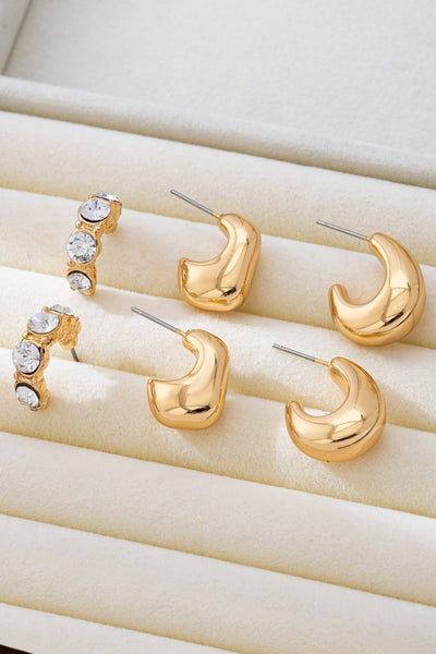 Gold Rhinestone Geo Puffy Hoop Trio