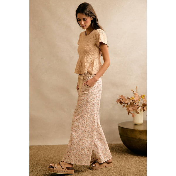 Cream Floral Cotton Wide Leg Pants