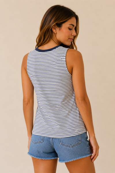 White & Navy Striped Button Tank Top