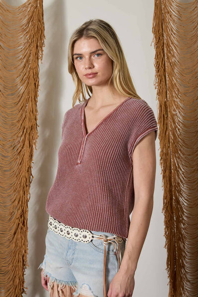 Terracotta Raw Edge Short Sleeve Henley Top