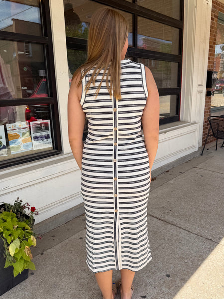 Back Button Stripe Midi Dress
