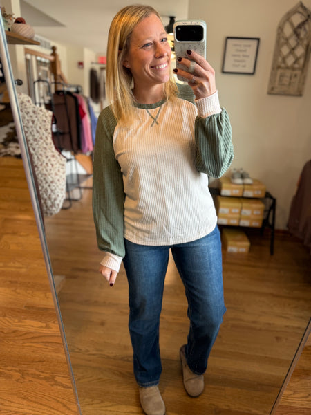 Olive & Oatmeal Waffle Color-Block Raglan