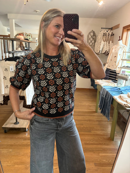 Black Floral Short Sleeve Sweater