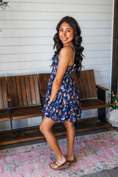 Navy Floral Sleeveless Tiered Mini Dress