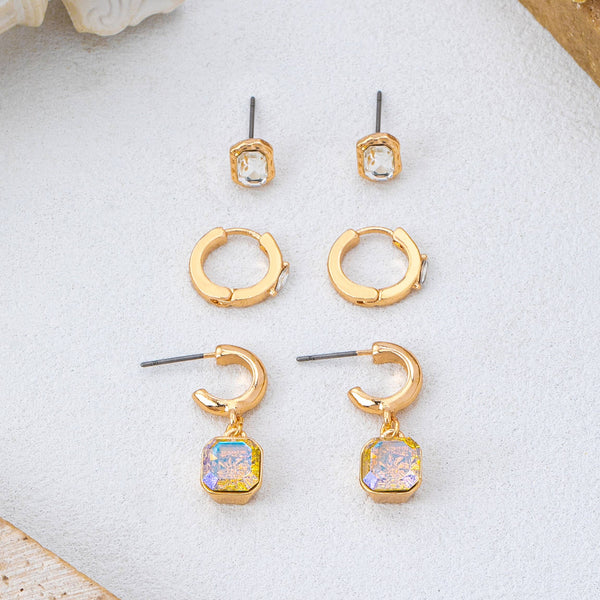 Whimsical Crystal Glass Huggie & Stud Earring Set