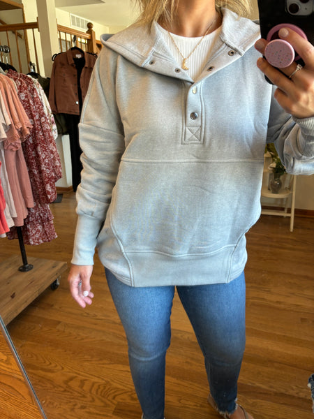 Heather Grey Button Hooded Pullover