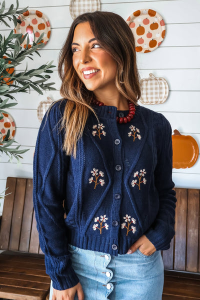 Navy Floral Embroidered Cable Knit Cardigan