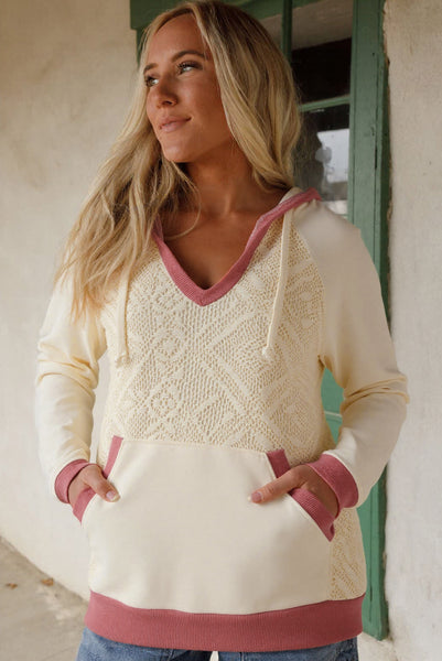 Ivory & Pink Crochet Knit Hoodie
