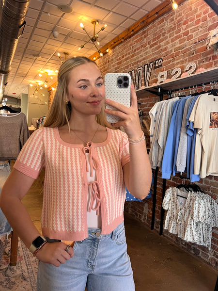 Blush & Off White Tie Front Short Sleeve Cardigan