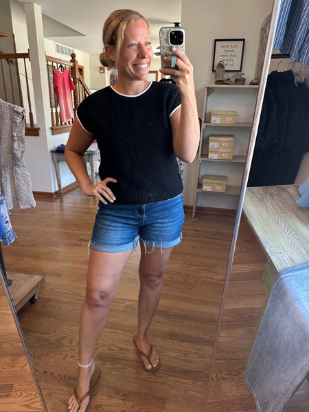 Black Button Back Short Sleeve Sweater Top