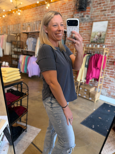 Navy Short Sleeve Exposed Seam Knit Top