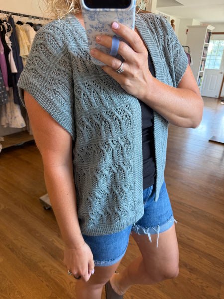Teal Crochet Knit Short Sleeve Open Front Cardigan