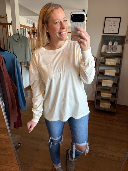 Cream Oversized Washed Long Sleeve Pocket Tee