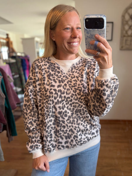 Cream Leopard Boxy Long Sleeve Knit Top