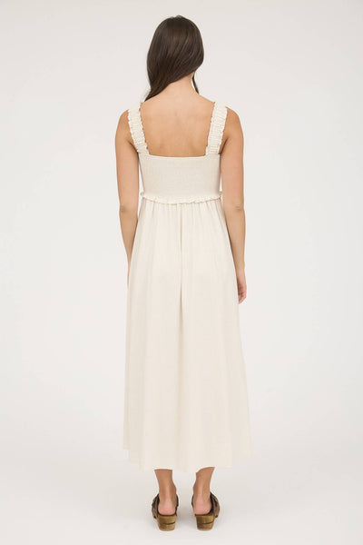 Natural Smocked Button Down Midi Dress