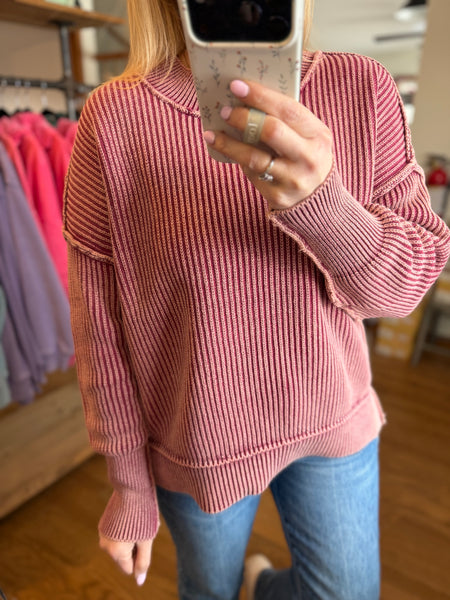 Cabernet Mineral Wash Side Slit Oversized Sweater