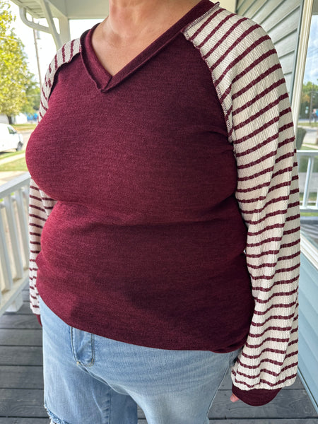 Burgundy & Ivory Striped V-Neck Top (S-3XL)