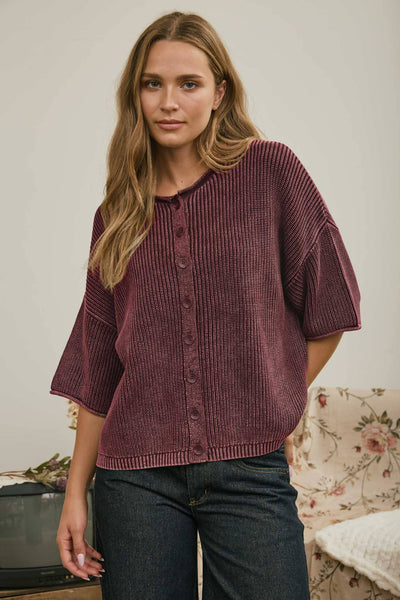 Burgundy Washed Ribbed Cardigan