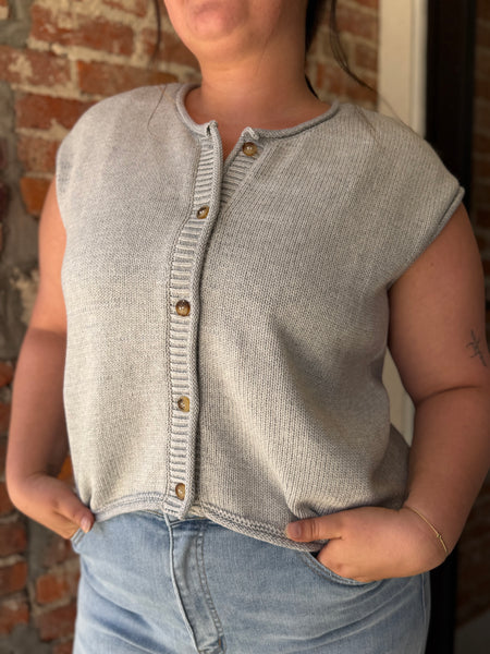 Heather Grey Sleeveless Button Down Knit Cardigan
