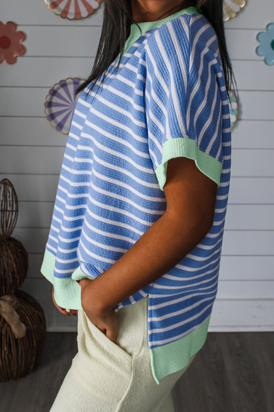 Sky Blue & Mint Striped Short Sleeve Top