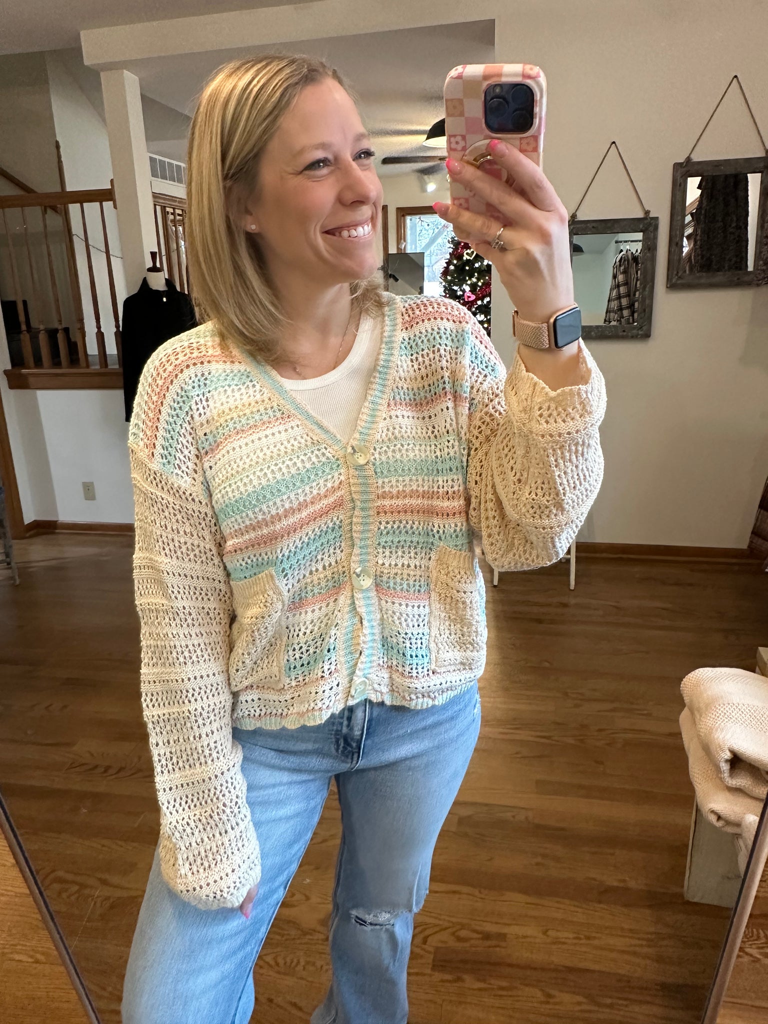 Multi Stripe Crochet Button Cardigan