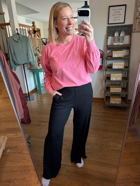 Black Ribbed Wide Leg Pants