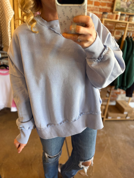 Misty Blue Distressed Washed Pullover