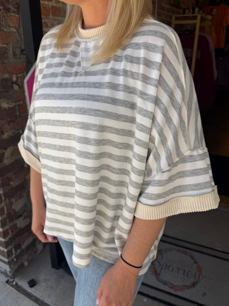 Heather Grey & Oatmeal Stripe Pullover Top