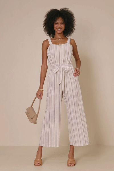 Taupe Stripe Belted Cropped Jumper