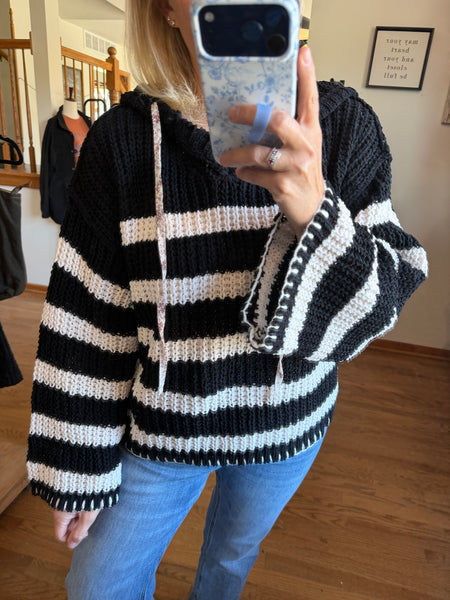 Black & Ivory Striped Oversized Chenille Hooded Sweater
