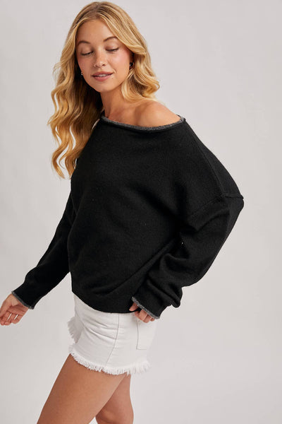 Black Boat Neck Soft Sweater