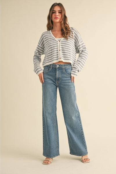 Ivory & Blue Stripe Crochet Knitted Cardigan