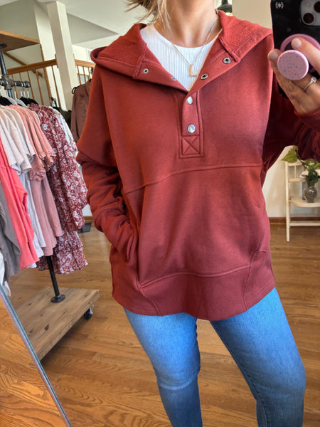 Rust Button Hooded Pullover