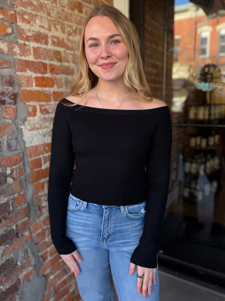 Black Off Shoulder Ribbed Knit Top