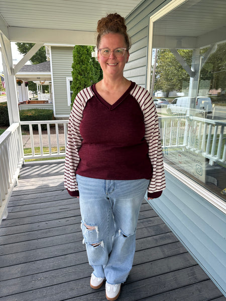 Burgundy & Ivory Striped V-Neck Top (S-3XL)