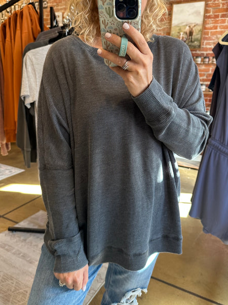 Black Mineral Wash Waffle Ribbed Pullover