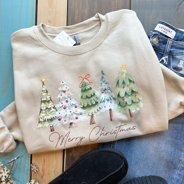 Merry Christmas Trees Sweatshirt in Sand