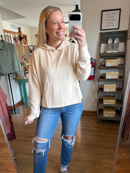 Cream Hooded Pullover With Kangaroo Pocket