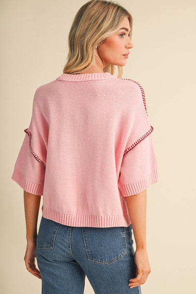 Pink & Burgundy Short Sleeve Blanket Stitch Sweater