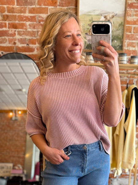 Dusty Pink Mineral Wash Short Sleeve Knit Top