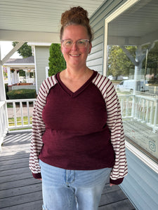 Burgundy & Ivory Striped V-Neck Top (S-3XL)