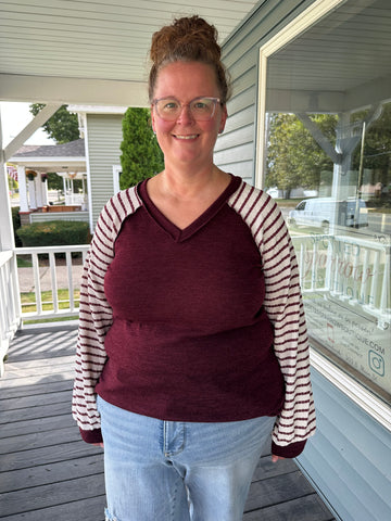 Burgundy & Ivory Striped V-Neck Top (S-3XL)