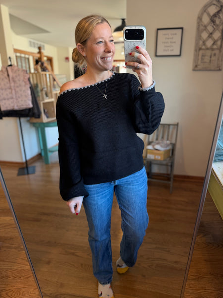 Black & Grey Boat Neck Sweater