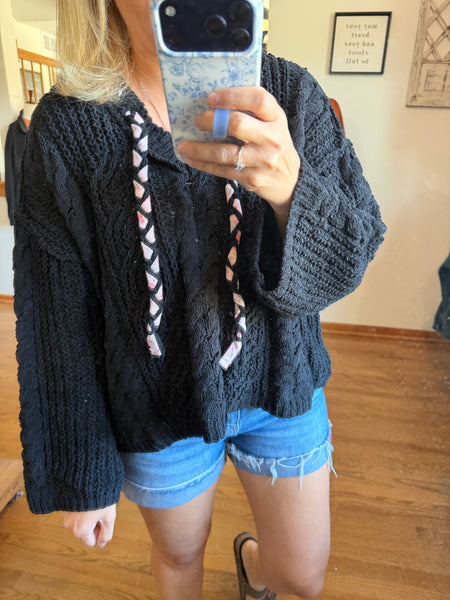 Black Hooded Chenille Cable Knit Sweater