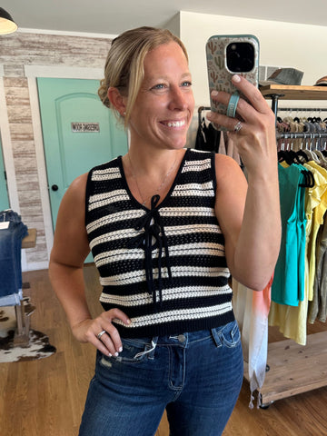 Black Stripe Front Tie Sleeveless Crochet Knit Pullover