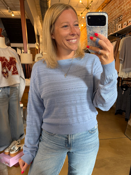 Light Blue Open Knit Pullover Top