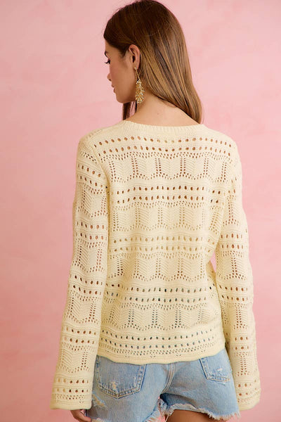 Ivory Pointelle Knit V-Neck Ruched Top