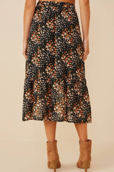 Black Floral Print Asymmetric Midi Skirt